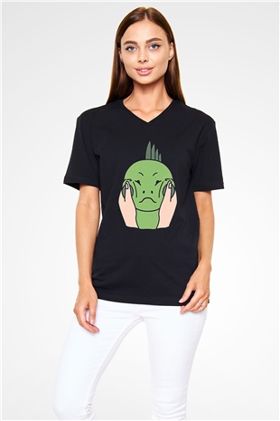 İguana Baskılı Unisex Siyah V Yaka Tişört - Tshirt