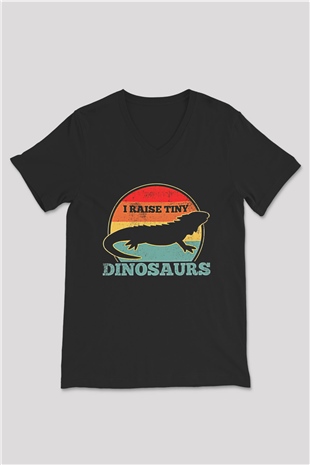 İguana Baskılı Unisex Siyah V Yaka Tişört - Tshirt