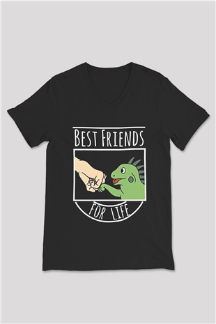 İguana Baskılı Unisex Siyah V Yaka Tişört - Tshirt