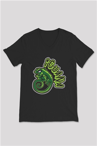 İguana Baskılı Unisex Siyah V Yaka Tişört - Tshirt