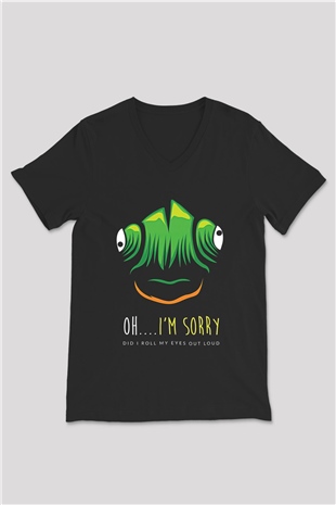 İguana Baskılı Unisex Siyah V Yaka Tişört - Tshirt
