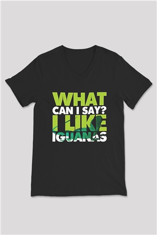 İguana Baskılı Unisex Siyah V Yaka Tişört - Tshirt