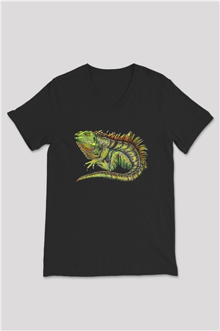 İguana Baskılı Unisex Siyah V Yaka Tişört - Tshirt