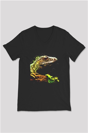 İguana Baskılı Unisex Siyah V Yaka Tişört - Tshirt