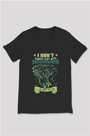İguana Baskılı Unisex Siyah V Yaka Tişört - Tshirt