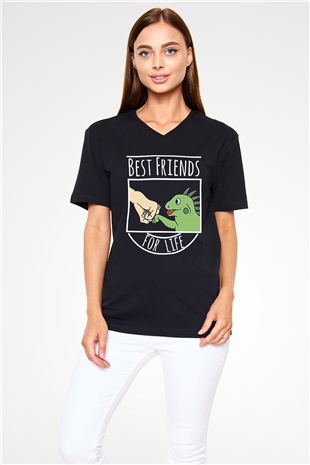 İguana Baskılı Unisex Siyah V Yaka Tişört - Tshirt
