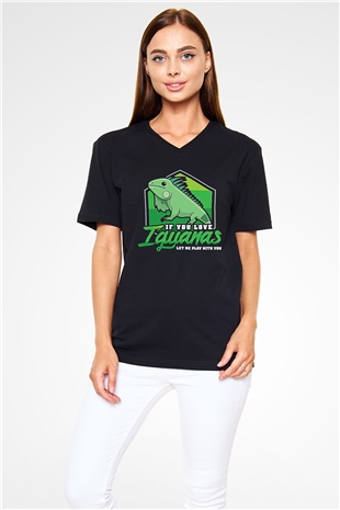 İguana Baskılı Unisex Siyah V Yaka Tişört - Tshirt