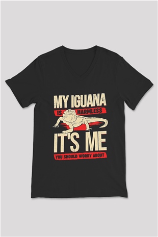 İguana Baskılı Unisex Siyah V Yaka Tişört - Tshirt