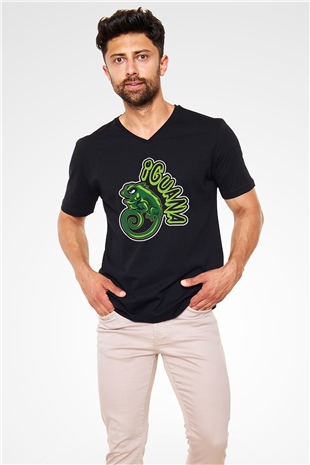 İguana Baskılı Unisex Siyah V Yaka Tişört - Tshirt