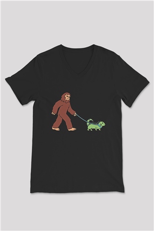 İguana Baskılı Unisex Siyah V Yaka Tişört - Tshirt
