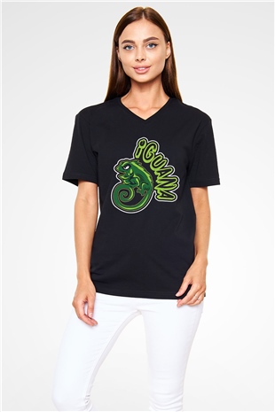 İguana Baskılı Unisex Siyah V Yaka Tişört - Tshirt