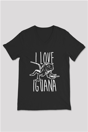 İguana Baskılı Unisex Siyah V Yaka Tişört - Tshirt
