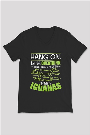 İguana Baskılı Unisex Siyah V Yaka Tişört - Tshirt