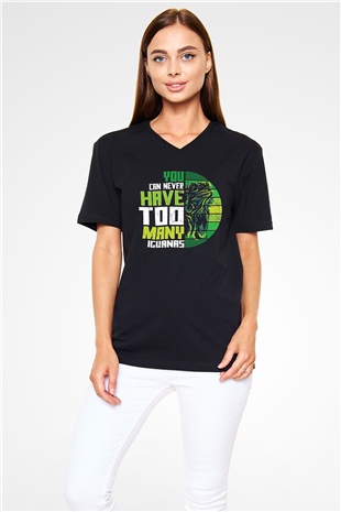 İguana Baskılı Unisex Siyah V Yaka Tişört - Tshirt