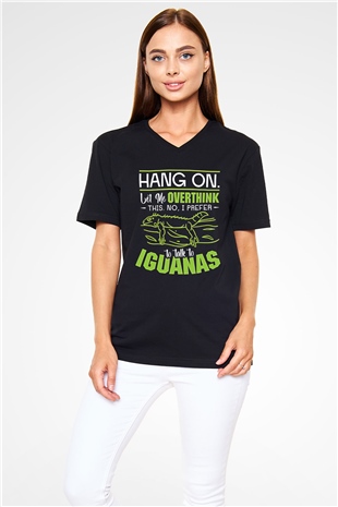 İguana Baskılı Unisex Siyah V Yaka Tişört - Tshirt