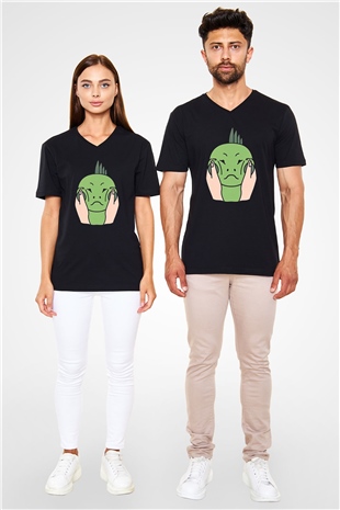 İguana Baskılı Unisex Siyah V Yaka Tişört - Tshirt