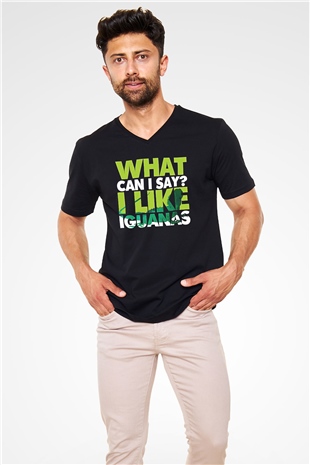 İguana Baskılı Unisex Siyah V Yaka Tişört - Tshirt