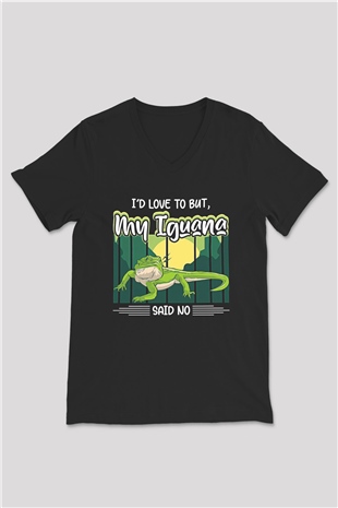İguana Baskılı Unisex Siyah V Yaka Tişört - Tshirt