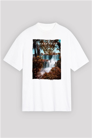 Iguazu Şelalesi Beyaz Oversize Tişört Oversize T-shirt - TişörtFabrikası