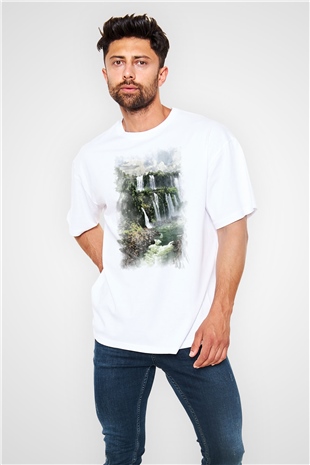 Iguazu Şelalesi Beyaz Oversize Tişört Oversize T-shirt - TişörtFabrikası