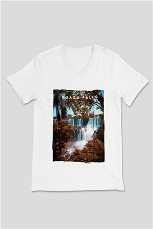 Iguazu Şelalesi Beyaz Unisex V Yaka Tişört
