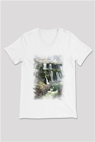 Iguazu Şelalesi Beyaz Unisex V Yaka Tişört