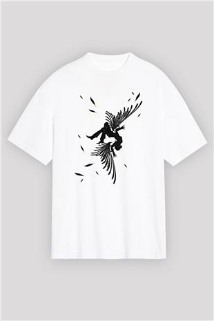 İkarus Baskılı Beyaz Unisex Oversize Tişört - Tshirt