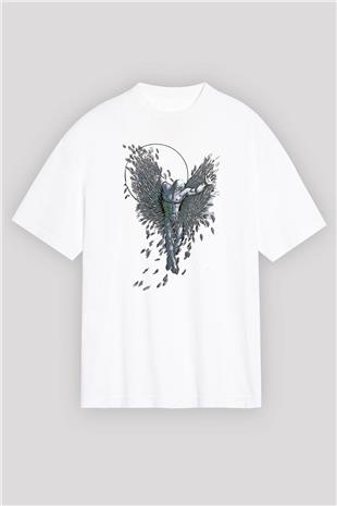 İkarus Baskılı Beyaz Unisex Oversize Tişört - Tshirt