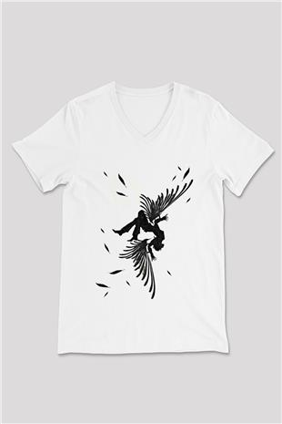 İkarus Baskılı Beyaz Unisex V Yaka Tişört - Tshirt