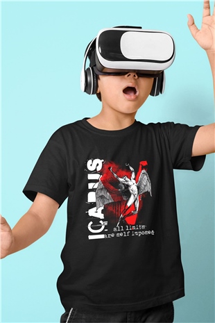 İkarus Baskılı Unisex Siyah Çocuk Tişört - Tshirt