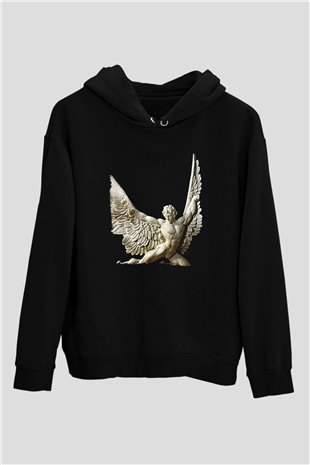 İkarus Baskılı Unisex Siyah Hoodie
