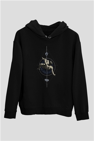 İkarus Baskılı Unisex Siyah Hoodie