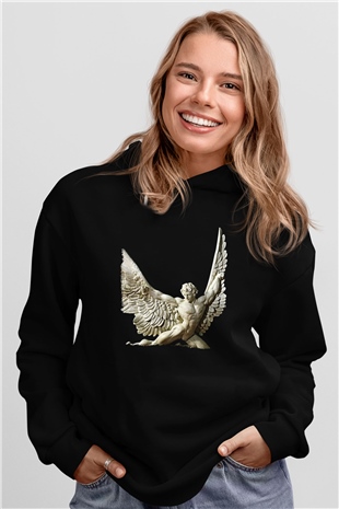 İkarus Baskılı Unisex Siyah Hoodie