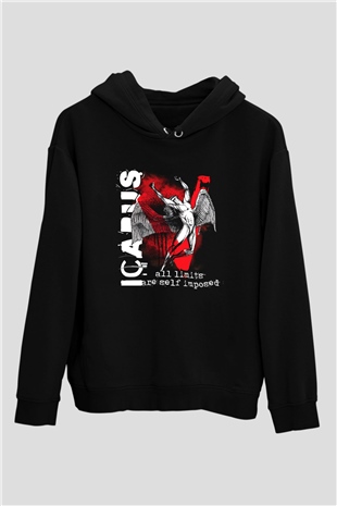 İkarus Baskılı Unisex Siyah Hoodie