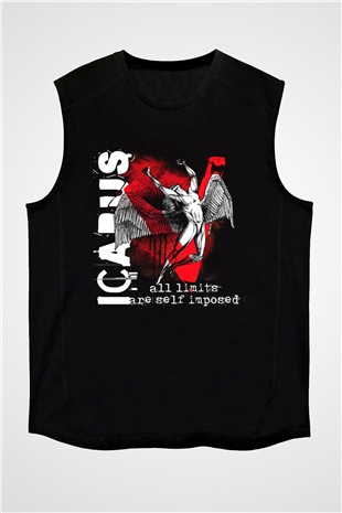 İkarus Baskılı Unisex Siyah Kolsuz Tişört - Tshirt