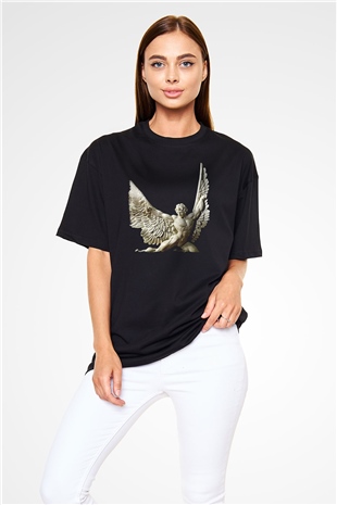 İkarus Baskılı Unisex Siyah Oversize Tişört - Tshirt