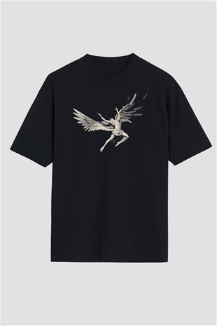İkarus Baskılı Unisex Siyah Oversize Tişört - Tshirt