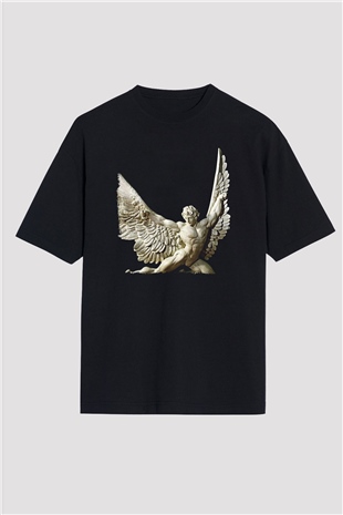 İkarus Baskılı Unisex Siyah Oversize Tişört - Tshirt