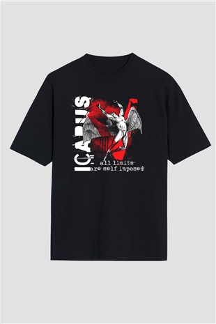 İkarus Baskılı Unisex Siyah Oversize Tişört - Tshirt