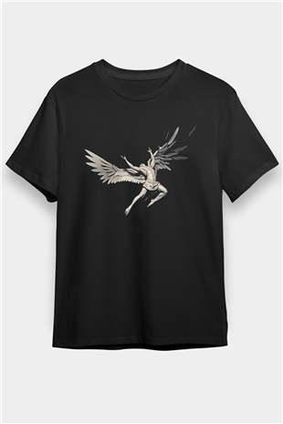 İkarus Baskılı Unisex Siyah Tişört - Tshirt