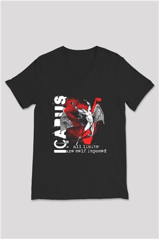 İkarus Baskılı Unisex Siyah V Yaka Tişört - Tshirt