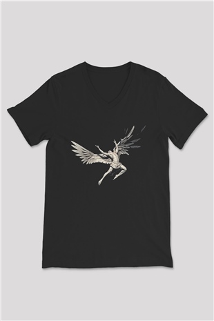 İkarus Baskılı Unisex Siyah V Yaka Tişört - Tshirt
