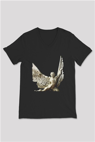 İkarus Baskılı Unisex Siyah V Yaka Tişört - Tshirt