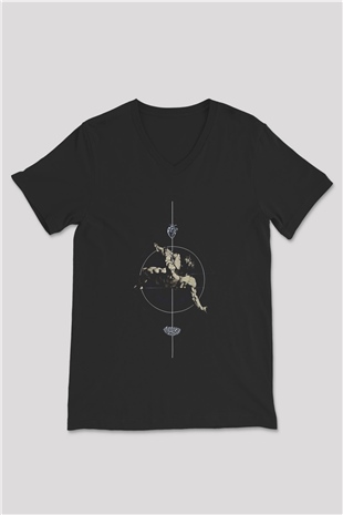 İkarus Baskılı Unisex Siyah V Yaka Tişört - Tshirt