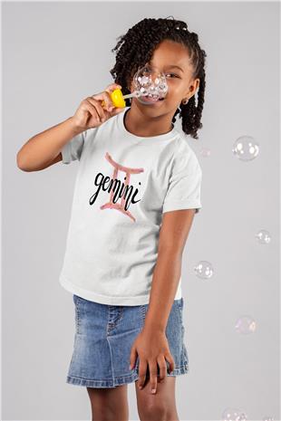 İkizler Burcu Baskılı Beyaz Unisex Beyaz Çocuk Tişört - Tshirt