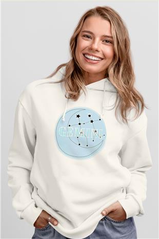 İkizler Burcu Baskılı Beyaz Unisex Hoodie