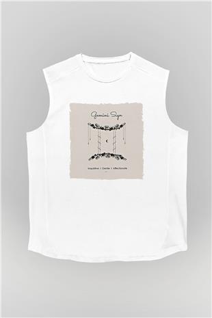 İkizler Burcu Baskılı Beyaz Unisex Kolsuz Tişört - Tshirt