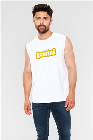 İkizler Burcu Baskılı Beyaz Unisex Kolsuz Tişört - Tshirt