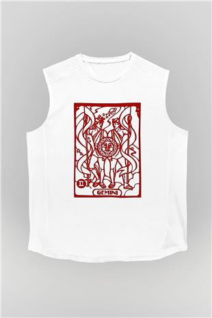 İkizler Burcu Baskılı Beyaz Unisex Kolsuz Tişört - Tshirt
