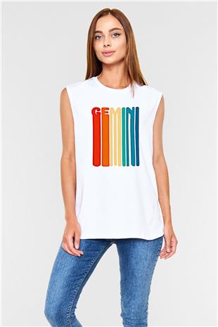 İkizler Burcu Baskılı Beyaz Unisex Kolsuz Tişört - Tshirt